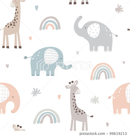 Seamless pattern with cute elephant and giraffe on white background. Vector illustration in flat style. Seamless pattern with cute elephant and giraffe on white background. Vector illustration in flat style. 99619213
