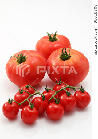 Large tomato with white back and mini tomato with cob 99619806
