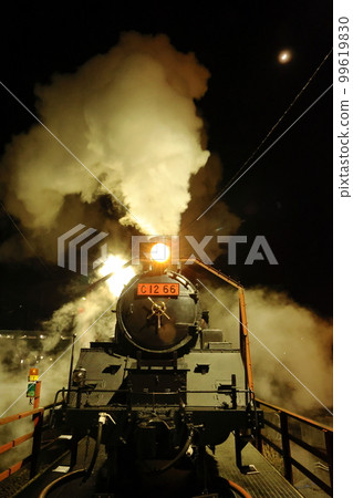 Moka Railway Moka locomotive depot at night Steam locomotive C1266 on a turntable Moka Railway Moka locomotive depot at night Steam locomotive C1266 on a turntable 99619830