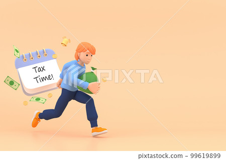 Tax Day Reminder Concept. Businessman submit tax by online concept, online tax payment and report. Business income. 3d illustration. Tax Day Reminder Concept. Businessman submit tax by online concept, online tax payment and report. Business income. 3d illustration. 99619899