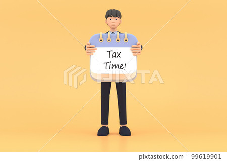 Tax Day Reminder Concept. Businessman submit tax by online concept, online tax payment and report. Business income. 3d illustration. Tax Day Reminder Concept. Businessman submit tax by online concept, online tax payment and report. Business income. 3d illustration. 99619901