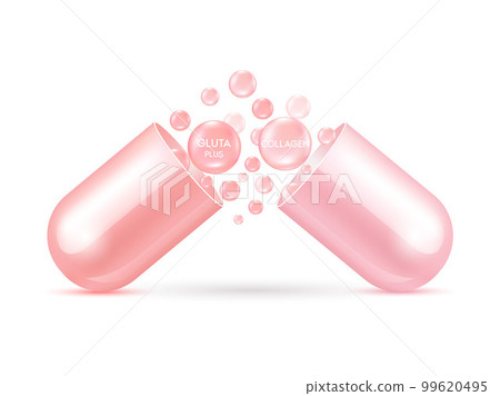 Collagen solution serum and glutathione with capsule pink. Natural cosmetics lotion for face or body. Hyaluronic acid skin care ad. Beauty and Medicine Concepts. 99620495