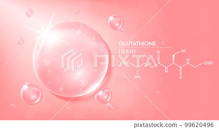 Drop water glutathione pink and structure. Vitamin solution complex with Chemical formula from nature. Beauty treatment nutrition skin care design. 99620496