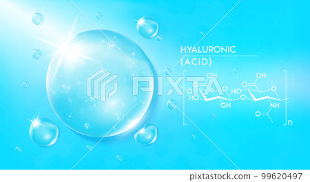 Drop water hyaluronic acid blue and structure. Vitamin solution complex with chemical formula from nature. Beauty treatment nutrition skin care. Medical and scientific concepts. 3D Realistic Vector. Drop water hyaluronic acid blue and structure. Vitamin solution complex with chemical formula from nature. Beauty treatment nutrition skin care. Medical and scientific concepts. 3D Realistic Vector. 99620497