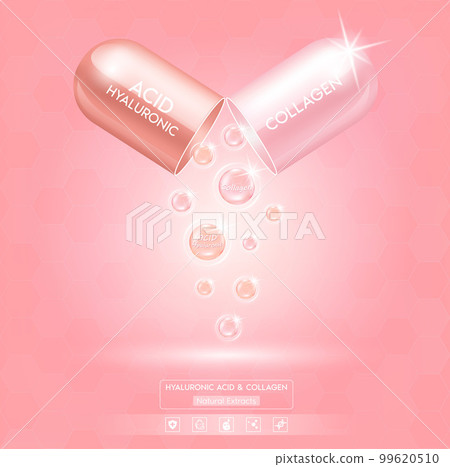 Solution serum hyaluronic ACID and collagen pack pink with capsule. Natural cosmetics lotion for face or body. Hyaluronic acid skin care ad. 99620510