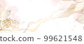 Luxurious golden wallpaper. Banner with white background pink watercolor stains with chestnut leaves. Golden rose leaves wall art with shiny light texture.Vector illustration. 99621548