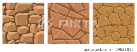 Cartoon game textures, rocks, dirt and ground surface seamless patterns. Game assets walls and environment backgrounds Cartoon game textures, rocks, dirt and ground surface seamless patterns. Game assets walls and environment backgrounds 99621885