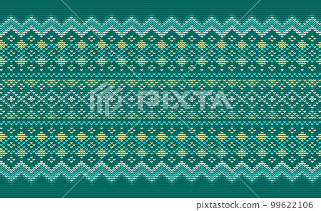 Crochet pattern, Vector cross stitch oriental background, Green pattern knitted ethnic retro jacquard style 99622106