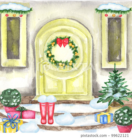 Watercolor christmas illustration snowman home house trees clipart Watercolor christmas illustration snowman home house trees clipart 99622121