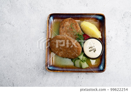 Ready-made food set: meat cutlet with potato puree and sauce 99622254