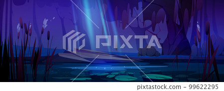Cartoon pond with cattails at night 99622295