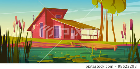 Cartoon wooden house near swamp with cattails Cartoon wooden house near swamp with cattails 99622298