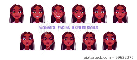 Girl character avatar, woman face with emotions Girl character avatar, woman face with emotions 99622375