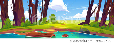 Nature scene with lake, green trees, grass 99622390