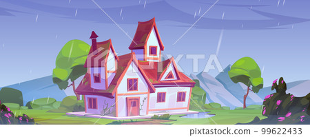 Rainy landscape, house surrounded by mountain 99622433