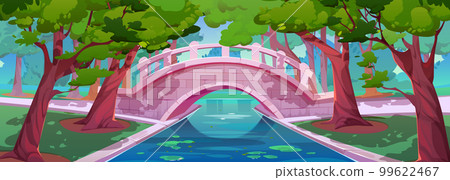 Summer park landscape with bridge over pond 99622467