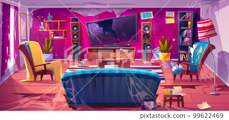 Old dirty living room with broken tv and furniture 99622469