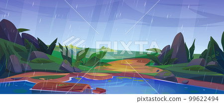 Rainy day landscape with lake water with log 99622494