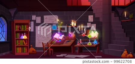 Alchemical laboratory with magic books and potions 99622708