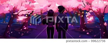 Love couple near cherry tree, sakura garden Love couple near cherry tree, sakura garden 99622736