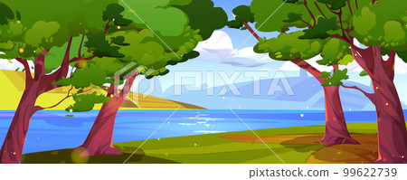 Rural landscape with lake, fields, trees 99622739