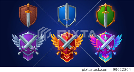 Game ranking badges with shields and swords Game ranking badges with shields and swords 99622864