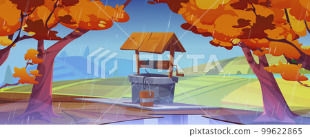 Autumn landscape with water well, fields in rain 99622865
