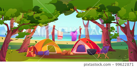 Summer camp in forest with tents and campfire 99622871