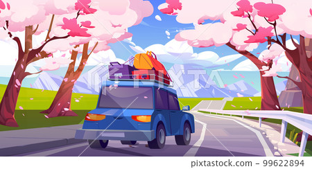 Sakura blossom and car on road, mountain landscape Sakura blossom and car on road, mountain landscape 99622894