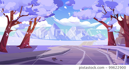 Mountain valley snowy landscape with highway road Mountain valley snowy landscape with highway road 99622900