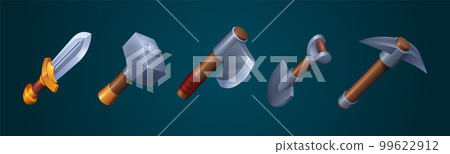 Axe, sword, pick, hammer and shovel game icons 99622912