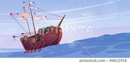 Sea landscape with lighthouse on island and ship 99622916