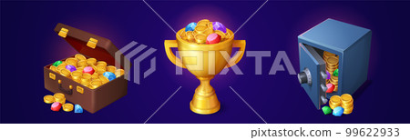 Piles of gold coins and gemstones in cup, suitcase Piles of gold coins and gemstones in cup, suitcase 99622933