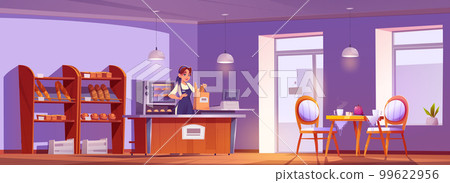 Cartoon bakery interior with female seller 99622956