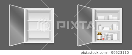 Realistic set of open medical cabinets 99623110