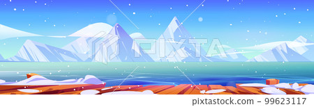 Lake with ice, wood pier and mountains in winter 99623117