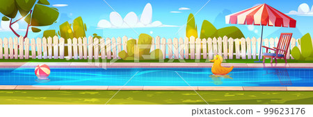 Backyard swimming pool on summer day Backyard swimming pool on summer day 99623176