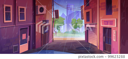 Empty back alley and city street at rainy day 99623288