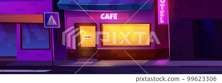Front outside cafe facade at night background Front outside cafe facade at night background 99623306