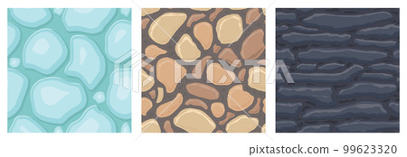 Cartoon game textures, ice, rocks and brick, dirt and ground surface seamless patterns. Game assets walls and environment backgrounds Cartoon game textures, ice, rocks and brick, dirt and ground surface seamless patterns. Game assets walls and environment backgrounds 99623320