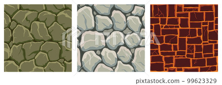 Cartoon game textures, lava, rocks and brick, dirt and ground surface seamless patterns. Game assets walls and environment backgrounds 99623329