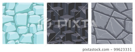 Cartoon game textures, ice, rocks and brick, dirt and ground surface seamless patterns. Game assets walls and environment backgrounds 99623331