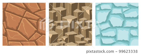 Cartoon game textures, ice, rocks and brick, dirt and ground surface seamless patterns. Game assets walls and environment backgrounds 99623338