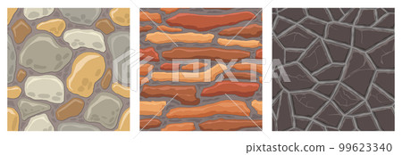 Cartoon game textures, rocks, dirt and ground surface seamless patterns. Game assets walls and environment backgrounds Cartoon game textures, rocks, dirt and ground surface seamless patterns. Game assets walls and environment backgrounds 99623340