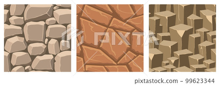 Cartoon game textures, rocks, dirt and ground surface seamless patterns. Game assets walls and environment backgrounds Cartoon game textures, rocks, dirt and ground surface seamless patterns. Game assets walls and environment backgrounds 99623344