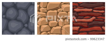 Cartoon game textures, rocks, dirt and ground surface seamless patterns. Game assets walls and environment backgrounds Cartoon game textures, rocks, dirt and ground surface seamless patterns. Game assets walls and environment backgrounds 99623347