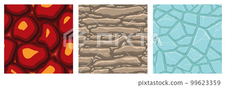 Cartoon game textures, lava, ice, rocks and brick, dirt and ground surface seamless patterns. Game assets walls and environment backgrounds 99623359