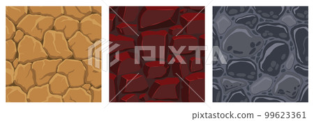 Cartoon game textures, lava, rocks and brick, dirt and ground surface seamless patterns. Game assets walls and environment backgrounds Cartoon game textures, lava, rocks and brick, dirt and ground surface seamless patterns. Game assets walls and environment backgrounds 99623361