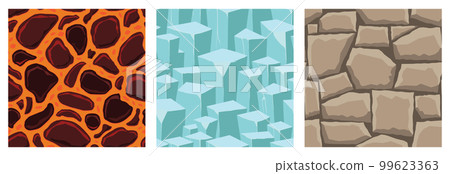 Cartoon game textures, lava, ice, rocks and brick, dirt and ground surface seamless patterns. Game assets walls and environment backgrounds Cartoon game textures, lava, ice, rocks and brick, dirt and ground surface seamless patterns. Game assets walls and environment backgrounds 99623363