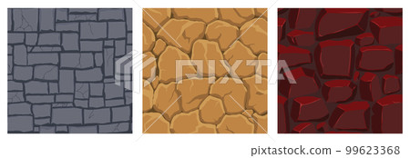 Cartoon game textures, lava, rocks and brick, dirt and ground surface seamless patterns. Game assets walls and environment backgrounds Cartoon game textures, lava, rocks and brick, dirt and ground surface seamless patterns. Game assets walls and environment backgrounds 99623368